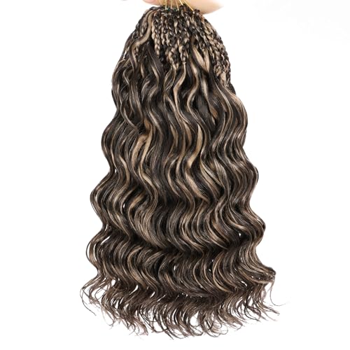 Leeven 14 Inch 8 Packs Short Curly Crochet Hair Pre Looped Boho Ocean Wave Crochet Hair Chocolate Brown Mix Honey Blonde Ocean Braids Pre Twisted Synthetic Deep Wavy Crochet Hair for Women