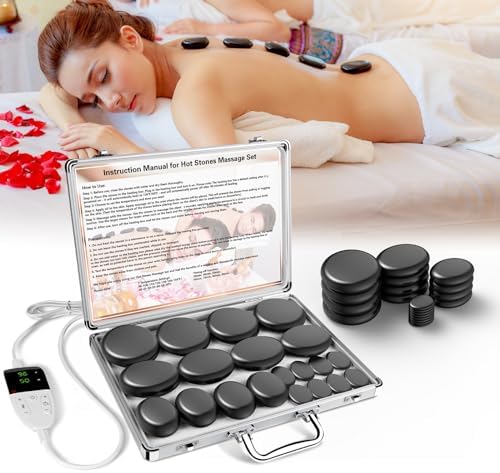 AICNLY Hot Stones Massage Set with Temperature Adjustment-20 Pcs Basalt Hot Stones with Heater Kit, Professional Massage Tool for Spa-Lymphatic Drainage, Relieve Tension and Muscle Pain