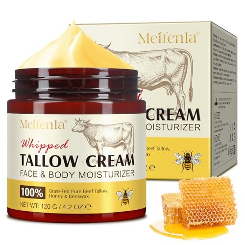 Beef Tallow for Skin, Beef Tallow and Honey Balm 4.2oz, Tallow Face Moisturizer, Organic Grass - Fed Whipped Beef Tallow and Honey Balm - Deeply Moisturizing for Face & Body, Softens Dry