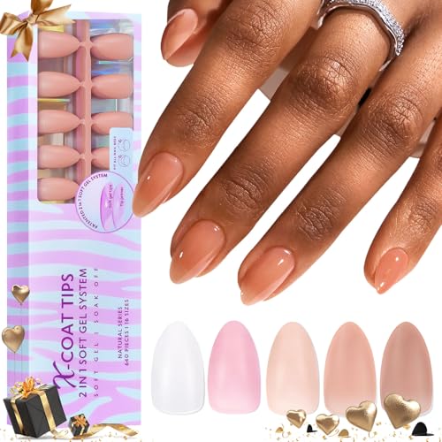 BTArtbox Short Almond Press on Nails - 5 Colors XCOATTIPS Pre-colored Soft Gel Nail Tips, 640pcs Full Cover Natural Fake Nails Extensions for Easy DIY Nail Art