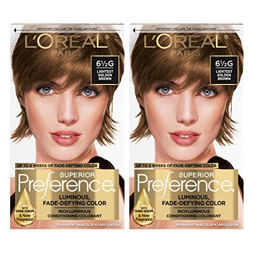 L'Oreal Paris Superior Preference Fade-Defying + Shine Permanent Hair Color, 6.5G Lightest Golden Brown, Pack of 2, Hair Dye