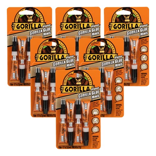 Gorilla Minis, Original Waterproof Polyurethane Glue, Four 3 Gram Tubes, Brown, (Pack of 6)
