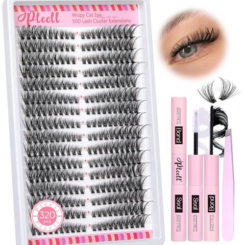 Lash Clusters Kit 50D 320 Pcs Individual Lashes Clusters Kit With Lash Bond and Seal and Eyelashes Tweezers 7-16 MM Cat Eye Wispy Eyelash Clusters D Curl Cluster Eyelash Extensions Kit