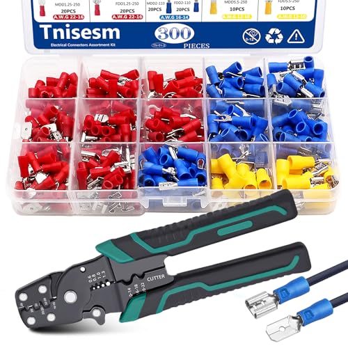 Tnisesm 300Pcs Spade Connector 16 Types with Professional Wire Stripper/Wire Crimping Tool, Wire Cutter, Wire Crimper, Cable Stripper, Wiring Tools and Multi-Function Hand Tool