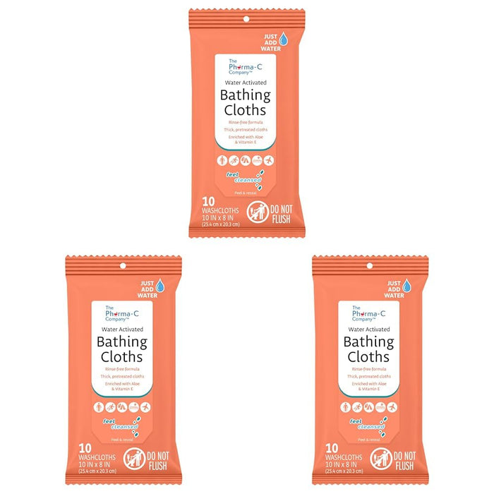 Pharma-C Water-Activated Bathing Cloths [10 cloths] – Rinse-Free XL Body Wipes for Adults. Pretreated Disposable Bath Wipe for Elderly, Hospice, Camping. MADE IN USA. (Pack of 3)