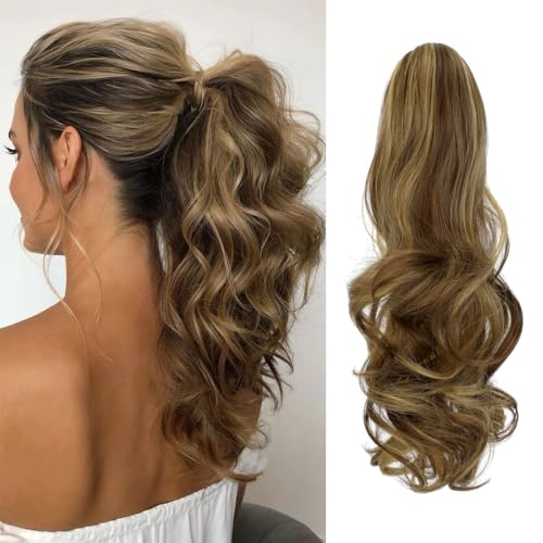 FELENDY Ponytail Extension Claw 18" 20" Curly Wavy Straight Clip in Hairpiece One Piece A Jaw Long Pony Tails for Women (Blonde Mix Light Brown,Curly)