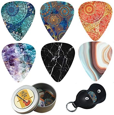 Guitar Picks - Cheliz 12 Medium Gauge Celluloid Guitar Picks In a Box W/Picks Holder. Unique Guitar Gift For Bass, Electric & Acoustic Guitars (Flower Stone)