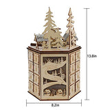 MorTime LED Revolving Music Box Advent Calendar Decorated with Christmas Tree Reindeer House LED Lights, Lighted Wooden Carved 24 Day Countdown to Christmas Calendar, 24 Storage Drawers