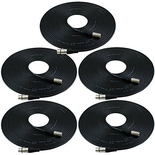 GLS Audio 50ft Mic Cable Patch Cords - XLR Male to XLR Female Black Microphone Cables - 50' Balanced Mike Snake Cord - 5 Pack