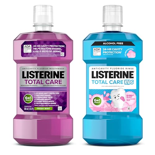 Listerine Total Care Fresh Mint Anticavity Fluoride Mouthwash for Adults and Smart Rinse Alcohol-Free Anticavity Sodium Fluoride Bubble Gum Mouthwash for Kids, Convenience Pack, 2 x 500 mL