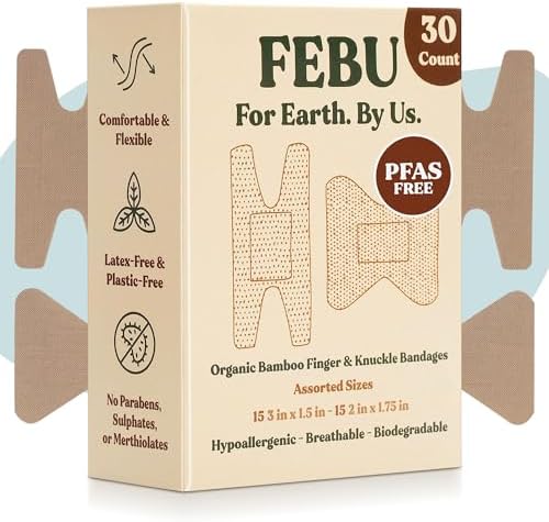 FEBU Eco-Friendly Organic Bamboo Fingertip Bandages | PFAS Free Knuckle Bandages for First Aid | Flexible Fabric Wound Dressing | Latex Free Bandage | 30 Count Knuckle & Finger Bandage Variety Pack