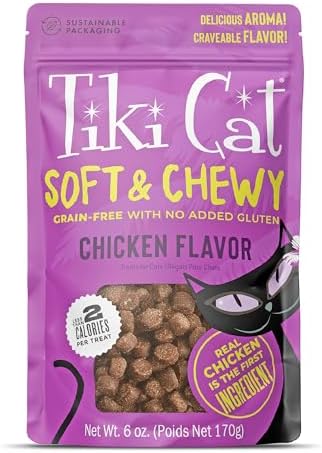 Tiki Cat Soft & Chewy Treats, Chicken Flavor, 3 Calories Per Treat with Grain-Free and No Added Gluten, 6 oz Pouch (Pack of 1)
