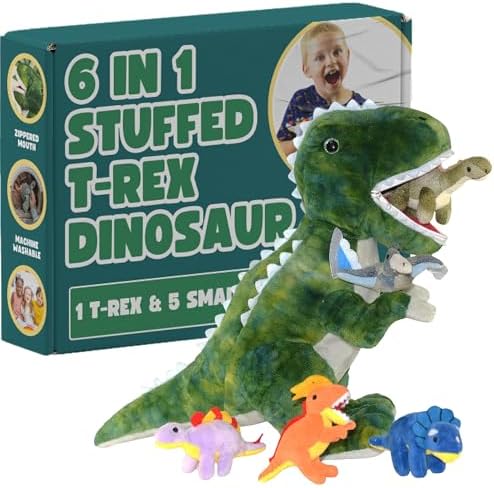 DreamsBe Dinosaur Stuffed Animal T-Rex and 5 Little Dinos for Boys & Girls - Plush Stuffie with Zippered Pocket Eating Dinosaurs Gift Ages 3 4 6 7 8 9 Years