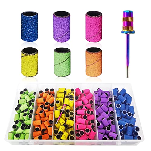 Sanding Bands for Nail Drill, Nail Drill Bits CORFULRA 300pcs 6 Colors Coarse Fine Nail Sander Set #80#100#120#150#180#240 Grits Sanding Bands, Rainbow Mandrel Nail Drill Bit for Acrylic Nails.