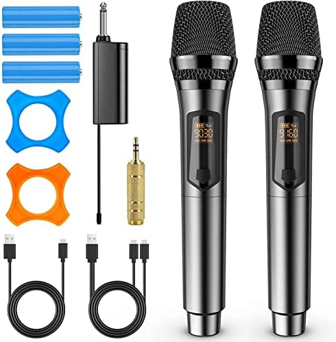 Saiyin Rechargeable Wireless Microphones,UHF Dual Handheld Dynamic Mic Karaoke System with Rechargeable Microphones and Receiver, 200 ft Range, 1/4’’＆1/8’’ Output for Amplifier, PA System