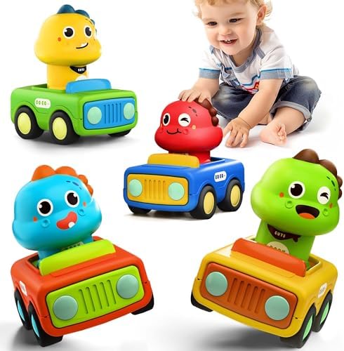 iPlay, iLearn Press Go Car Toys for Toddlers 1-3, Baby Animal Race Cars, Infant Play Car Set, Push Go Friction Dino Car for 6-9-12-18 Month, 1st Birthday Gift Easter Stuffer for 1-2 Years Old Boy Kid