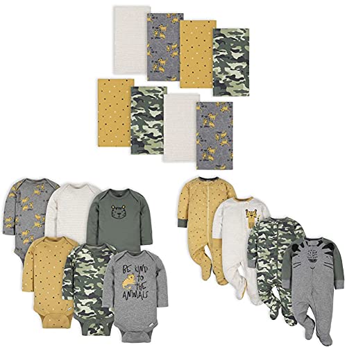 Gerber Baby Boys' 8-Pack Burp Cloth, 6-pack Long Sleeve Onesies, and 4-Pack Sleep 'N Play Gift Set, Tiger, 0-3M