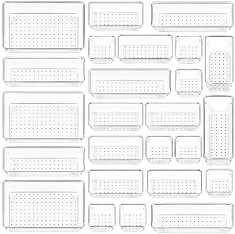 Vtopmart 25 PCS Clear Plastic Drawer Organizers Set, 4-Size Versatile Bathroom and Vanity Drawer Organizer Trays, Storage Bins for Makeup, Bedroom, Kitchen Gadgets Utensils and Office