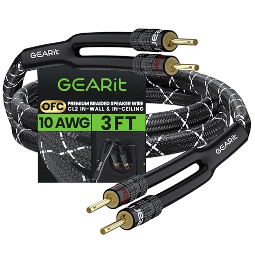GearIT 10AWG Speaker Cable Wire with Gold-Plated Banana Tip Plugs (3 Feet) in-Wall CL2 Rated, Heavy Duty Braided, 99.9% Oxygen-Free Copper (OFC) - Black