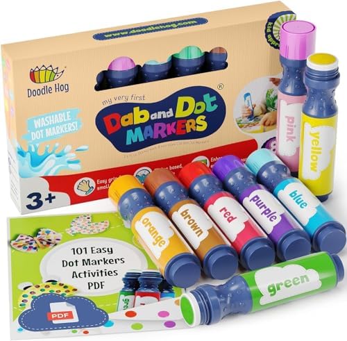 DOODLE HOG Washable Dot Markers for Toddlers 1-3 Years, 8 Colors Bingo Markers, Paint Markers for Kids Preschool, Non Toxic Arts and Crafts Supplies