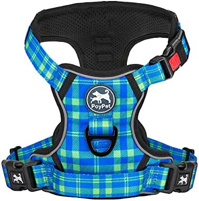 PoyPet No Pull Dog Harness, Reflective Adjustable No Choke Pet Vest with Front & Back 2 Leash Attachments, Soft Control Training Handle for Small Medium Large Dogs(Checkered Blue & Green,S)