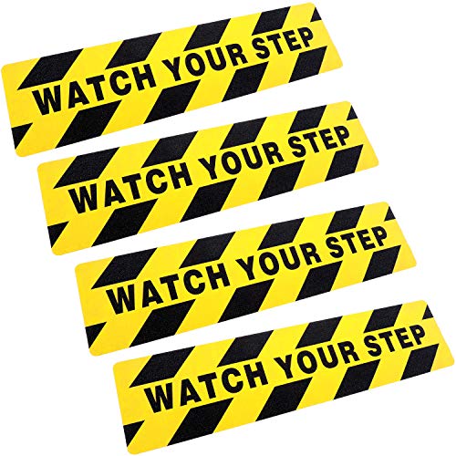 Boao 4 Pieces Watch Your Step Floor Decals Stickers 6 x 24 Inch Watch Your Step Sign Warning Sticker Adhesive Tape Anti Slip Abrasive Tape for Workplace Safety Wet Floor Caution