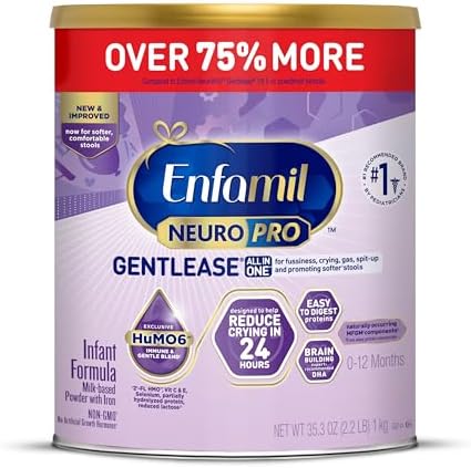 Enfamil NeuroPro Gentlease Baby Formula, Brain Building DHA, HuMO6 Immune Blend, Designed to Reduce Fussiness, Crying, Gas & Spit-up in 24 Hrs, Prebiotics to Promote Softer Stools, Baby Milk, 27.4 Oz