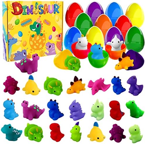 JOICEE 24pcs Dinosaur Squishy Toy Prefilled Easter Eggs, Kawaii Mochi Squishies Stress Relief Toys Filled Plastic Easter Eggs for Easter Basket Stuffers Party Favor Egg Hunt for Kids