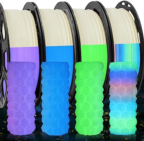 4 Spools Glowing in Dark PLA Bundle, Glow in Dark Green Blue Purple Fast Color Change Rainbow, Each Spool 0.25kg, 4 Spools, Total 1KG Dark Fluorescent PLA 3D Filament