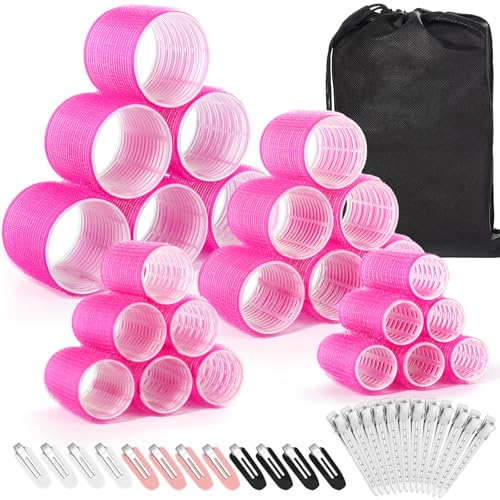 shynek Hair Rollers 48 Pcs Set, 24Pcs Hair Rollers 4 Sizes and 24 Pcs Hair Clips for Long Medium Short Hair (Pink)