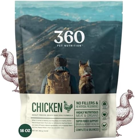 360 Pet Nutrition Freeze-Dried Dog Food, High Protein, Balanced Meal, Chicken, Liver, Heart, Fruit, Veggies, Superfoods, No Fillers, 16 oz Food/Bites/Kibble (Chicken)