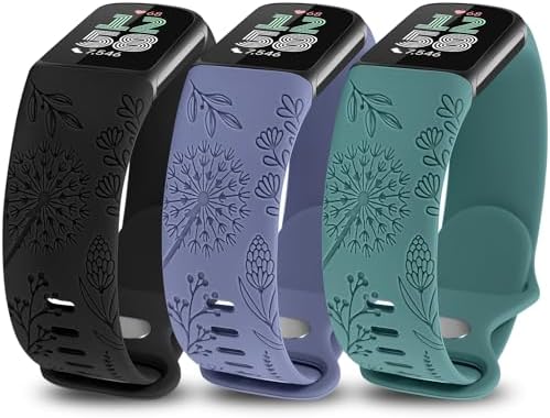 Minyee 3 Packs Floral Engraved Band Compatible with Fitbit Charge 6 Bands/Fitbit Charge 5 Bands Women, Cute Soft Silicone Dandelion Flower Pattern Sport Designer Fancy Summer Strap for Charge 6/5