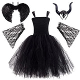 AMOBON Halloween Maleficent Costume for Girls: Evil Queen Witch Dress with Black Wings Horns Cape for Kids Cosplay Carnival Party (L)