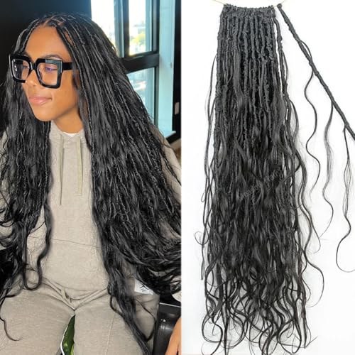 Boho Faux Locs Human Hair Curls Crochet Bohemian Braids Human Hair Knotless Pre Looped Synthetic Goddess Braids With Human Hair Curly Ends Body Wave For Braiding Human Meadow hair 18Inch 48Locs