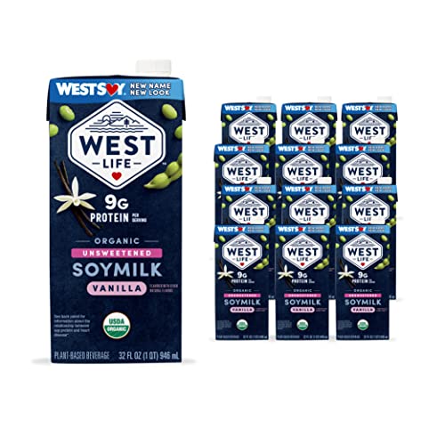West Life Organic Soy Milk, Unsweetened Vanilla, 8g of Protein, Vegan Dairy Alternative, Lactose-Free, Shelf Stable, 32oz (Pack of 12)