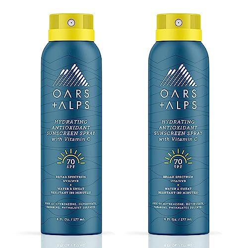 Oars + Alps Hydrating SPF 70 Sunscreen Spray, Infused with Vitamin C and Antioxidants, Water and Sweat Resistant, 6 Oz, 2 Pack