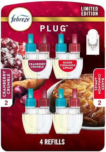 Febreze Odor-Fighting Fade Defy PLUG Air Freshener Baked Cinnamon Apple, Cranberry Crumble, .87 fl. oz. Oil Refill, 2 of Each
