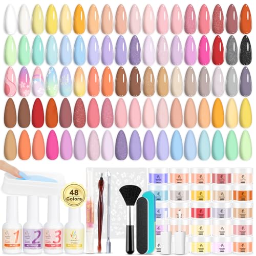 Lavender Violets 62 Pcs Dip Powder Nail Kit Starter, 48 Colors Nude Pink Brown Red Green Blue Purple Glitter with Dip Powder Liquid Set and Essential Manicure Tools for Nail Art Designs G902
