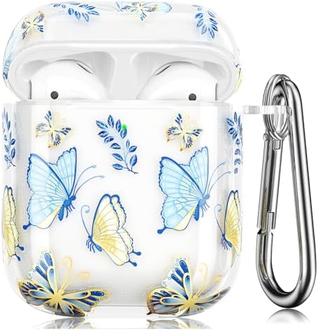 QINGQING Compatible with AirPods Case, Cute Printed Design Airpods Protective Hard Case Cover Portable & Shockproof Women Men with Keychain for Airpods 2/1 Charging Case, Butterfly