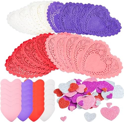 JOYIN 126+ Pcs Valentines Day Craft Gift Set with 100 Heart Doilies, 24 Pcs Foam Doilies and 2 Bags Foam Heart Stickers for Kids, Tableware Decoration, Home Activitie, Kitchen Disposable Table Craft