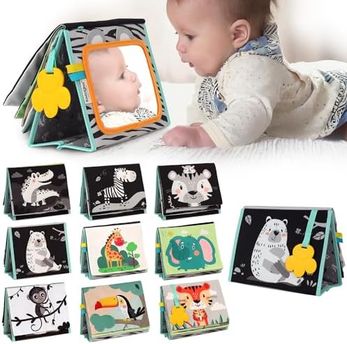 Tummy Time Mirror for Babies - High Contrast Book with Large Stimulating Baby Safe Mirror & Silicone Teether & Crinkle Pages - Perfect Tummy Time Toys for Babies 0 3 6 9 Months