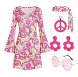 Deerjoke 60s 70s Disco Outfit Hippie Costume Women, 1970 Style Clothes Dress Peace Sign Accessories Jewelry Halloween (Pink, X-Large)