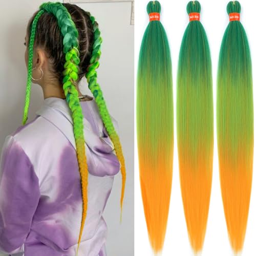 Colorful Ombre Green Yellow Orange Pre Stretched Braiding Hair 30 Inch Festival Yaki Texture Braid Hair Extensions 3 Packs Braiding Hair Pre Stretched