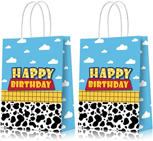 16 Pcs Cartoon Story Birthday Party Favor Bags, Cow Pattern Birthday Goodie Treat Bags Party Supplies, Blue Sky White Cloud Kraft Paper Candy Gift Bags with Handle for Kids Birthday Party Decorations