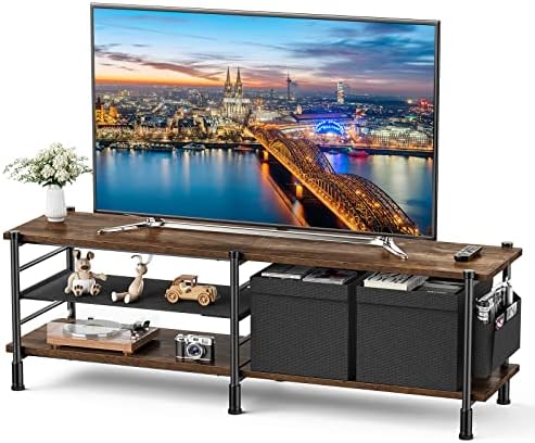 Pipishell TV Stand with Storage for TV up to 65 Inch, TV Console with Side Pocket & Detachable Fabric Drawers,Television Stand with 3-Tier Open Storage Shelves & Metal Frame for Living Room, PIRTS01WN