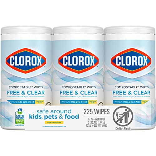 Clorox Free & Clear Compostable Cleaning Wipes, Light Lemon Scent, 75 Count, Pack of 3 (Pack May Vary)