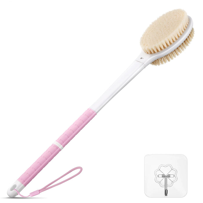 Back Scrubber Body Shower Brush: Anti Slip Long Handle Bath Brush with Stiff and Soft Bristles - Showering Exfoliator for Women, Men, Elderly (Pink)