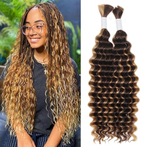 Deep Wave Bulk Human Hair Mixed Synthetic Braiding Hair For Boho Braids Knotless Bohemian Braids Brown Curly Hair Bundles No Weft Micro Braiding Hair Wet And Wavy Hair For Braiding(24 Inch, 4/27)