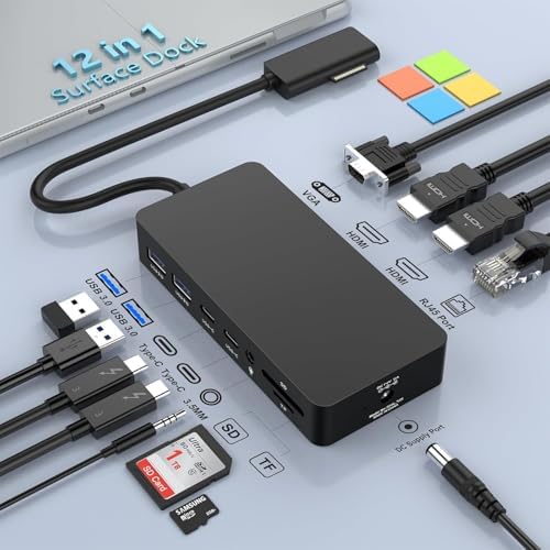 Surface Pro Docking Station Microsoft - 1 Year Warranty - 12-in-1 Surface Triple Displays Dual 4K HDMI+VGA Dock, Surface Docks for Surface Pro 11/10/9/8/X/7/6, Surface Laptop 7/6/5/4/3, Surface Book