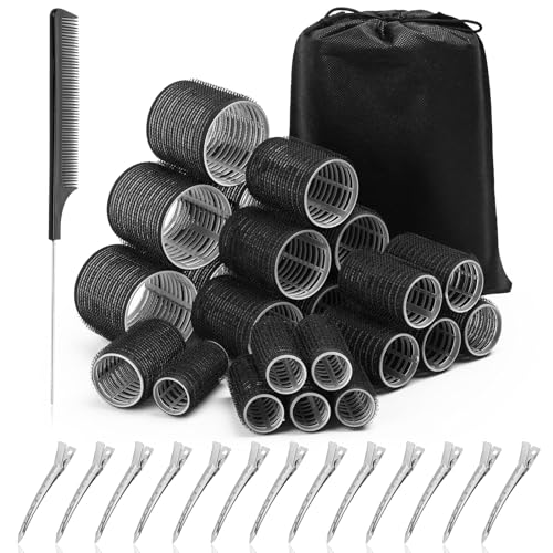Acejoz Hair Rollers for Blowout Look, 38 Pcs Self Grip Hair Rollers Set with 4 Sizes, 12 Pcs Hair Clips, Comb and Storage Bag for Hair Volume (Black)